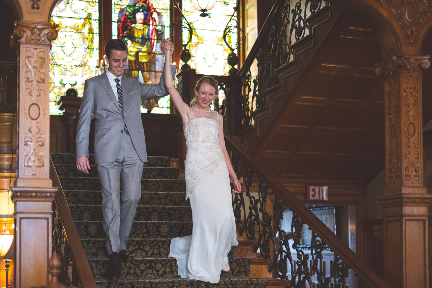 Wedding-Bride-Groom-Grand-Entrance-Stairs-The-Whitney-Detroit-Michigan-Midtown