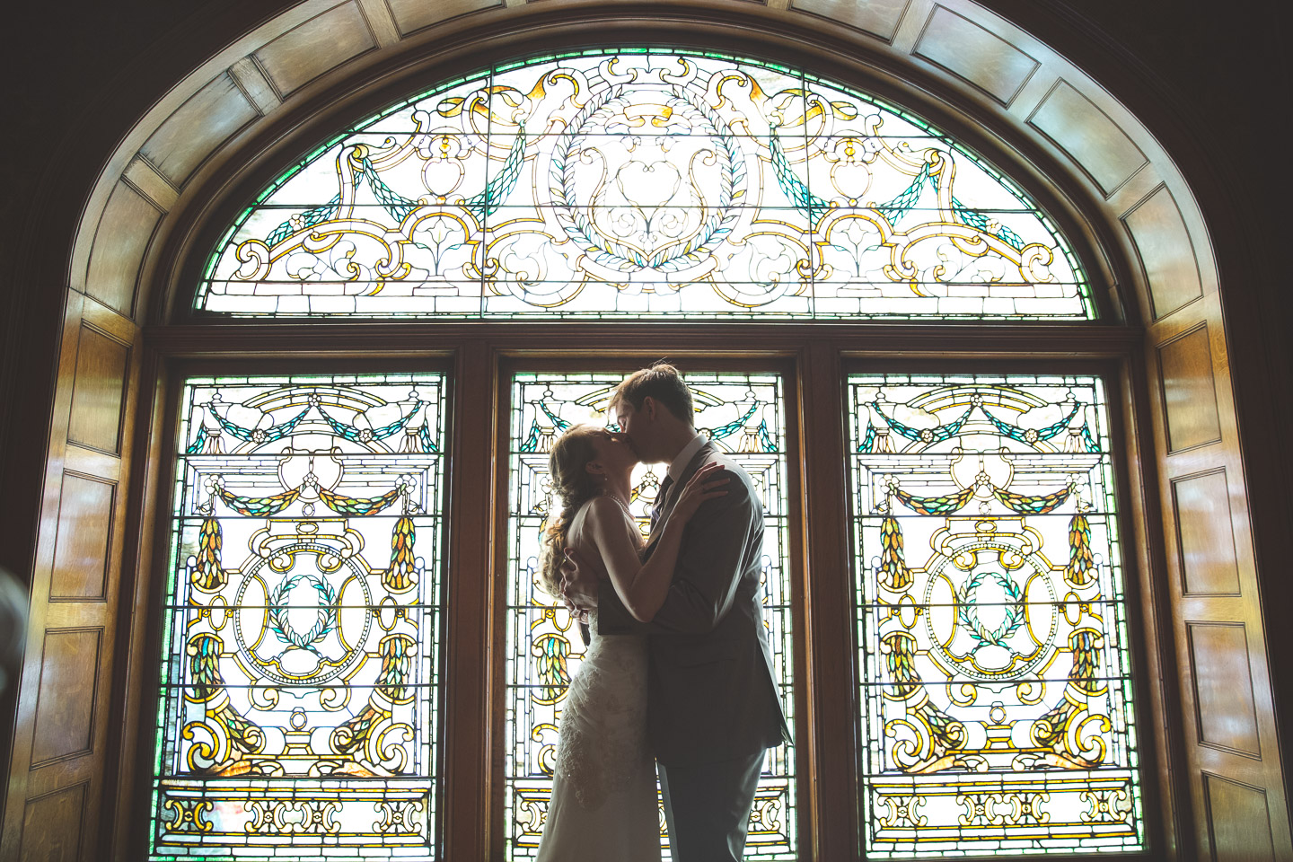 Wedding-Bride-Groom-Stained-Glass-Kiss-Portrait-The-Whitney-Detroit-Michigan-Midtown